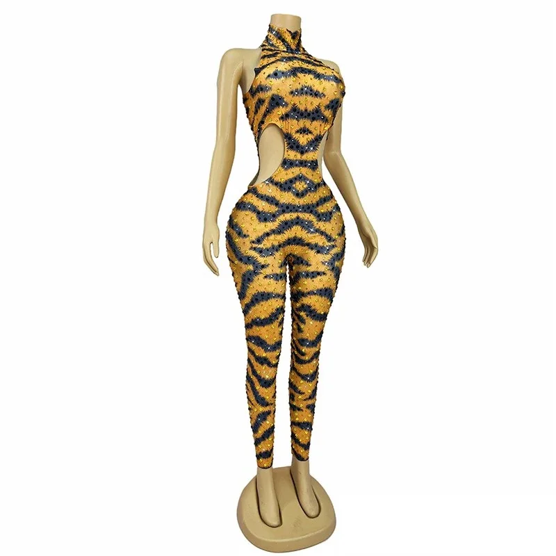 Tiger Pattern Rhinestones Jumpsuit Women Party Gogo Dance Costume Nightclub Dj Ds Rave Outfit Stage Festival Cloth