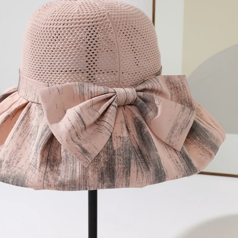 Custom Knitted Fisherman Hat Women, Korean Style, Summer, Wide Brim, Bowknot, Outdoor Travel, Foldable Ha