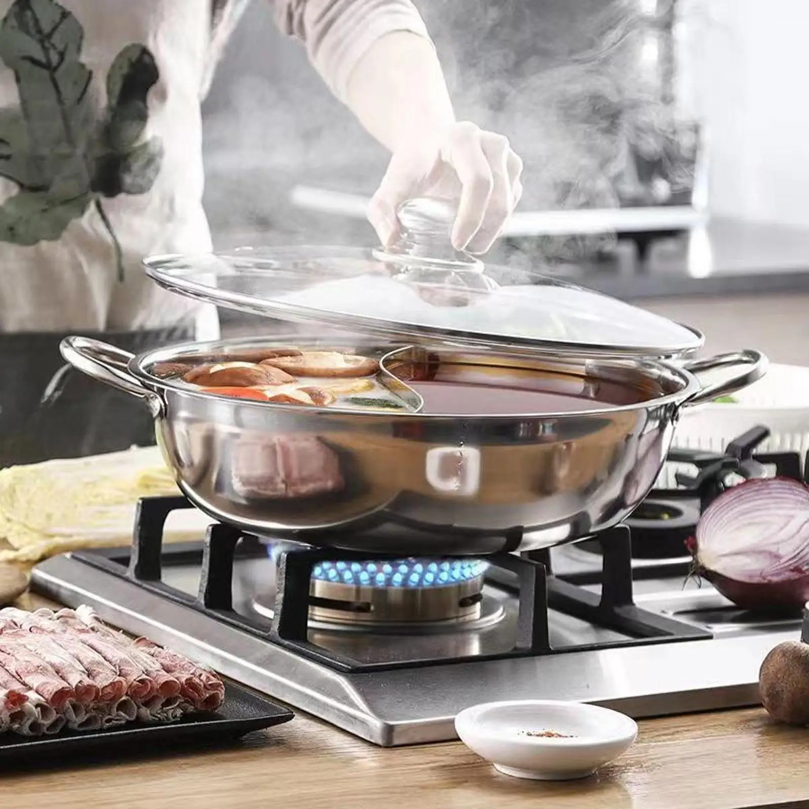 Ollas calientes divididas de acero inoxidable de 32cm, Fondue, sopa china, cocina de inducción, olla de cocina doble dividida