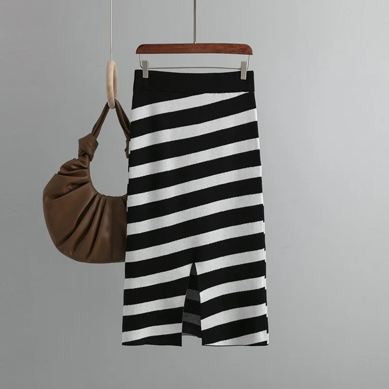Falda de punto a rayas para mujer, falda elegante de lana color café con cintura elástica, hasta el tobillo, otoño e invierno, CQ182, 2025