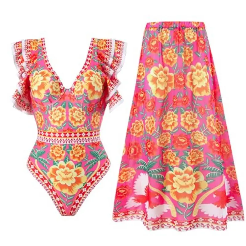 Damski kostium kąpielowy z okryciem plażowym Spódnica kopertowa Sarong Retro Kwiatowy nadruk Zestaw bikini Dwuczęściowy strój kąpielowy