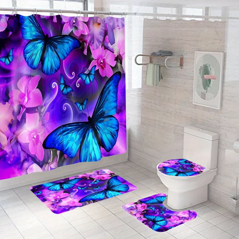 Vibrant Purple Butterfly Bathroom Set: Includes 180x180cm Shower Curtain, Lid Toilet Cover, Bath Mat, and Pedestal Rug with 12 H