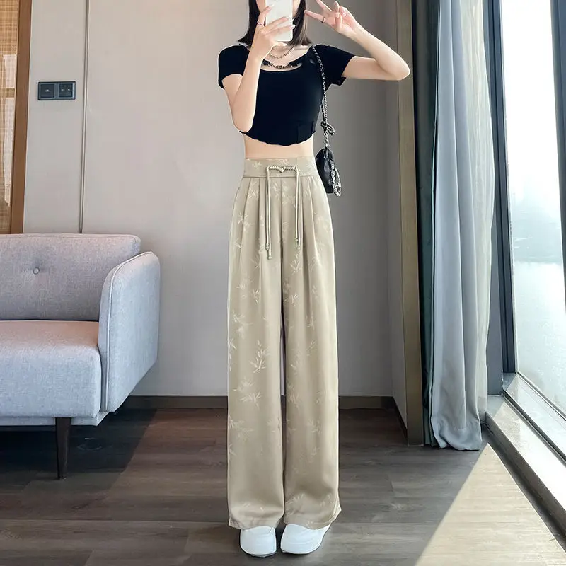 New Chinese-Style Traditional Knot-Button Satin Wide-Leg Pants For Women, Spring-Summer New Model, High-, Slimming,