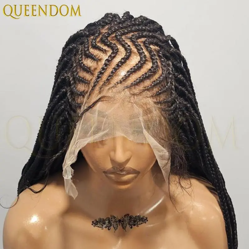 

36-дюймовые кружевные плетеные парики с боковой частью для чернокожих женщин, синтетический парик с косой богини и детскими волосами, искусственный локоны, парик корнироу