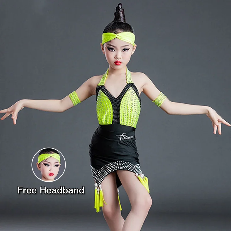

Girls Rumba Performance Stage Outfit Fringe Dress Kids Children Latin Dance Dress Tassel Suit Diamond Practice Clothes