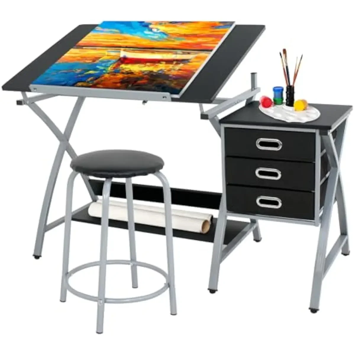 Adjustable 48 Degree Tilt Drafting Desk with Stool Storage Drawers Shelf Modern Black Alloy Steel Frame Engineered Wood Top Spac