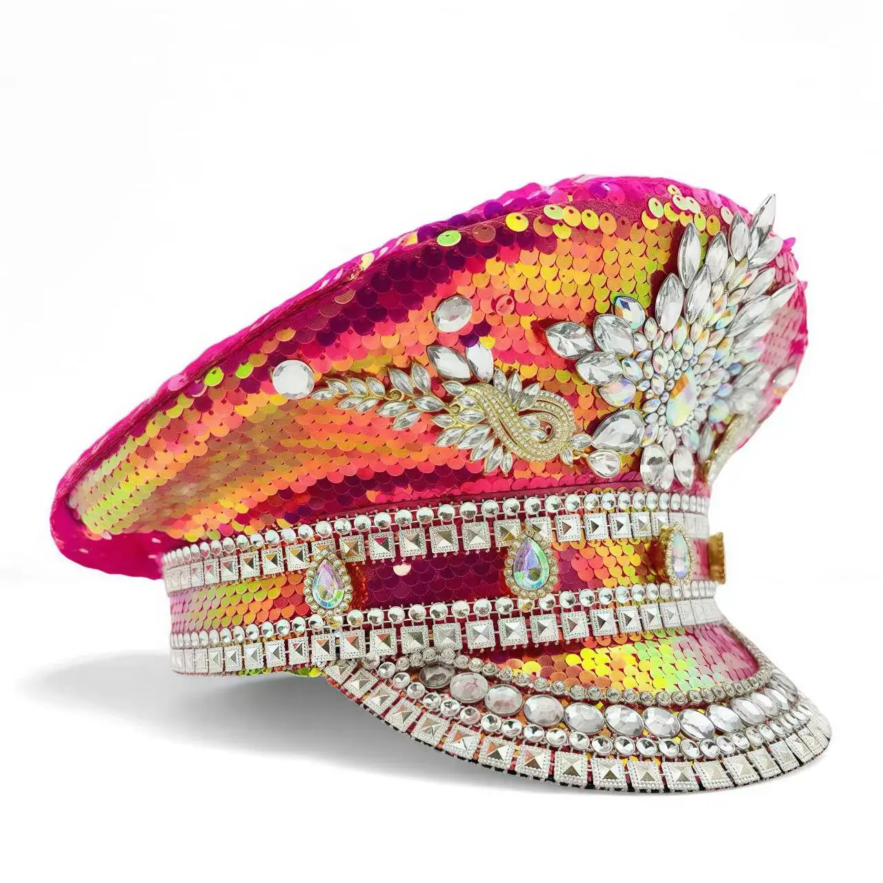 ホンルアン イエローレーザーレザーループキャプテンハット ラインストーン＆ミリタリーキャップ 女性用、レイブフェスティバルアクセサリー＆パーティーキャップ男性用