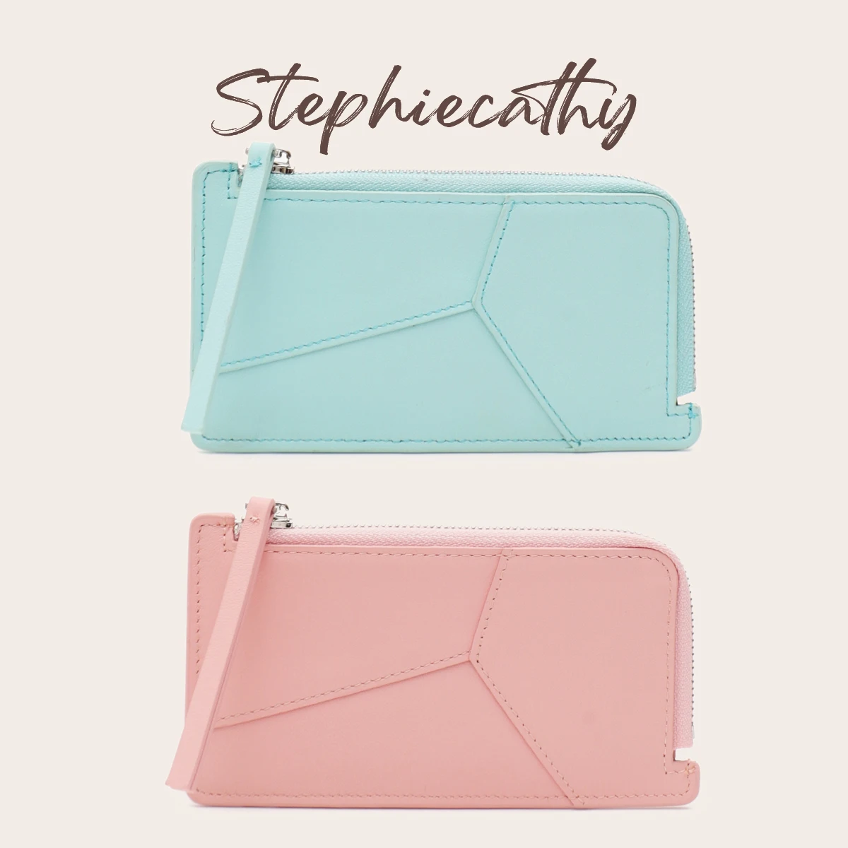 SC Fashion Real Leather Slim Card Holder Geometric Patchwork Zipper Small Wallet Portable Cards Coin Cash Purse For Lady Daily