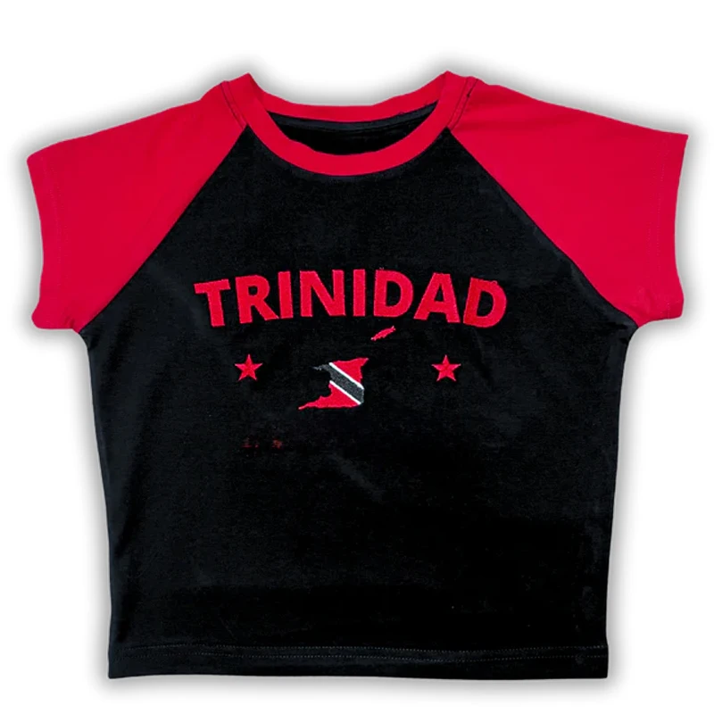 Women's Clothing Trinidad Print Crop Top Y2K Aesthetic Black/red Contrast Short Sleeve Summer Fashion Beach Party Navel Top