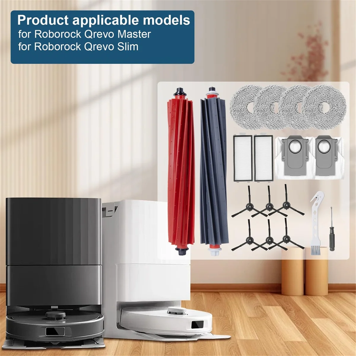 

Комплект аксессуаров MLGB для робота-пылесоса Roborock Qrevo Master/Qrevo Slim, основная роликовая щетка, боковая щетка, фильтр, мешок для пыли