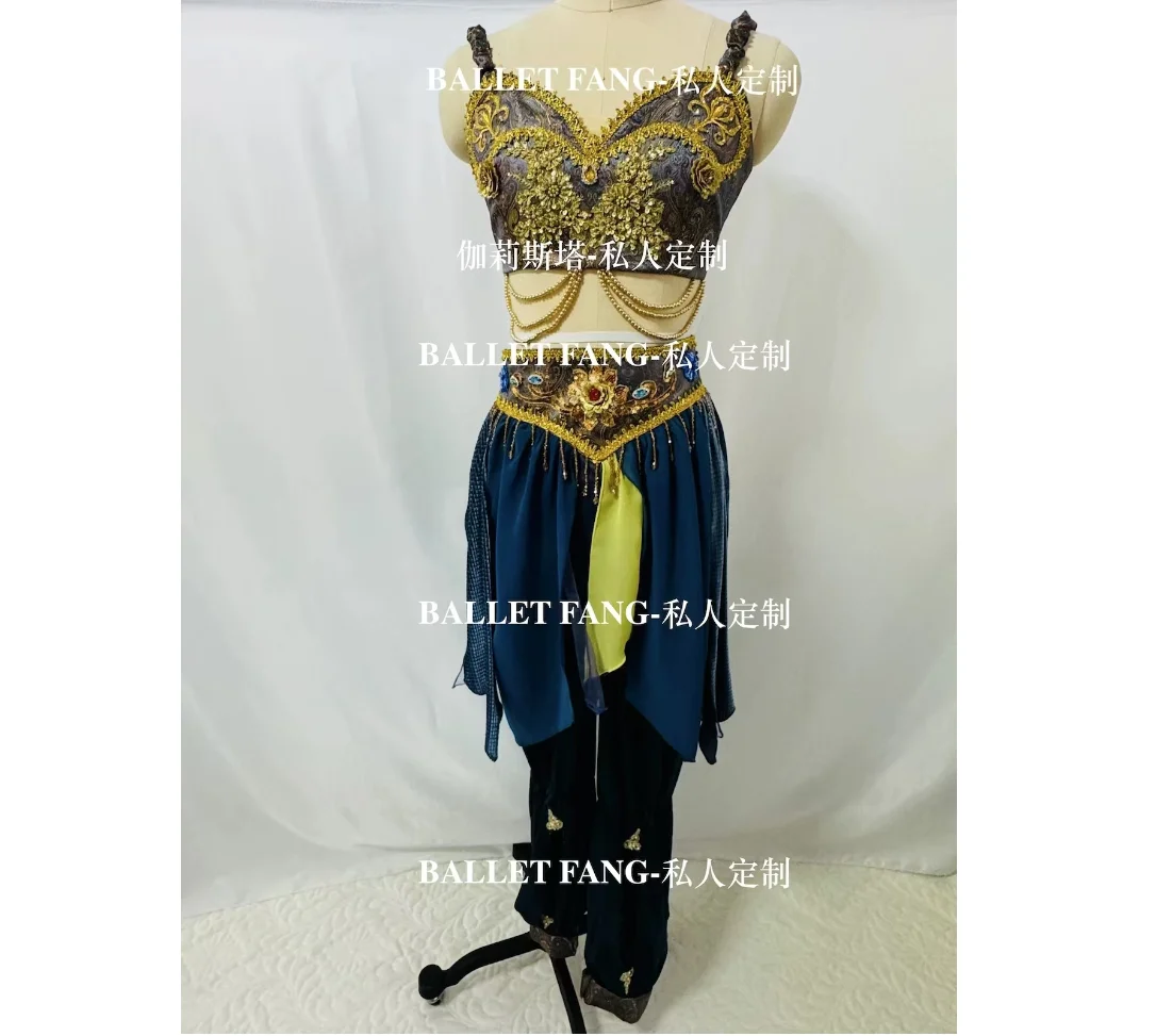 Dancing girl Variations tutu private custom halter blue vest Green blue yellow gold embroidered trousers gauze skirt