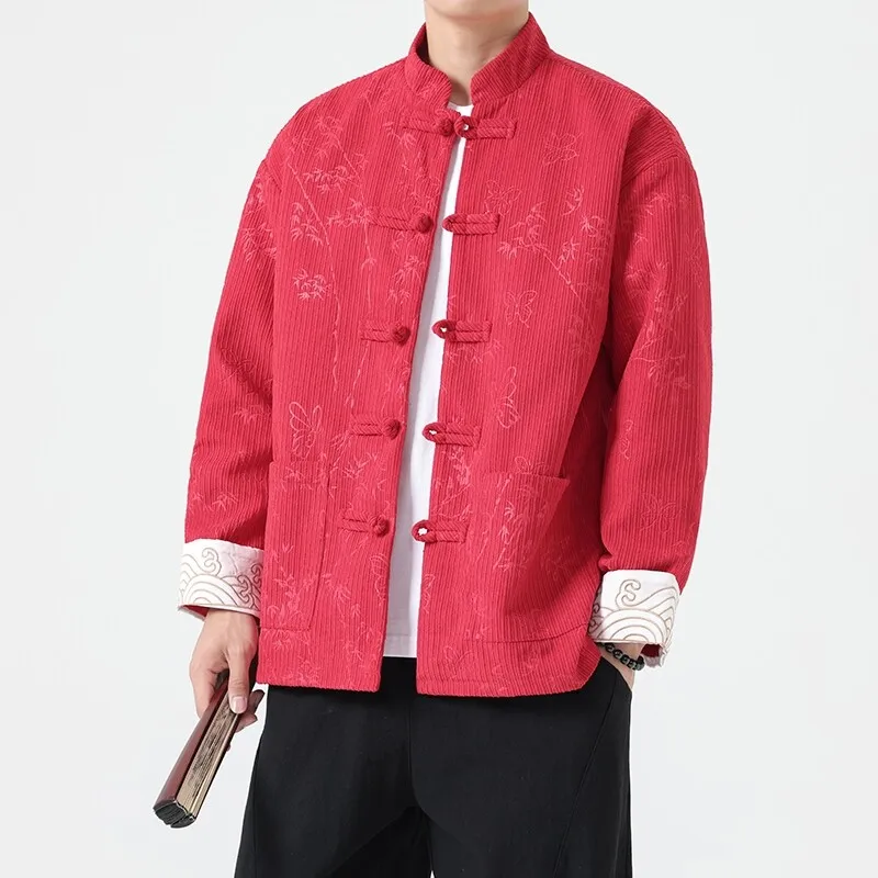 2024 Men Embroidered Tops Men Chinese Traditional Red Jackets Male Corduroy Tang Suit Men Long Sleeve Festival New Year Jacket