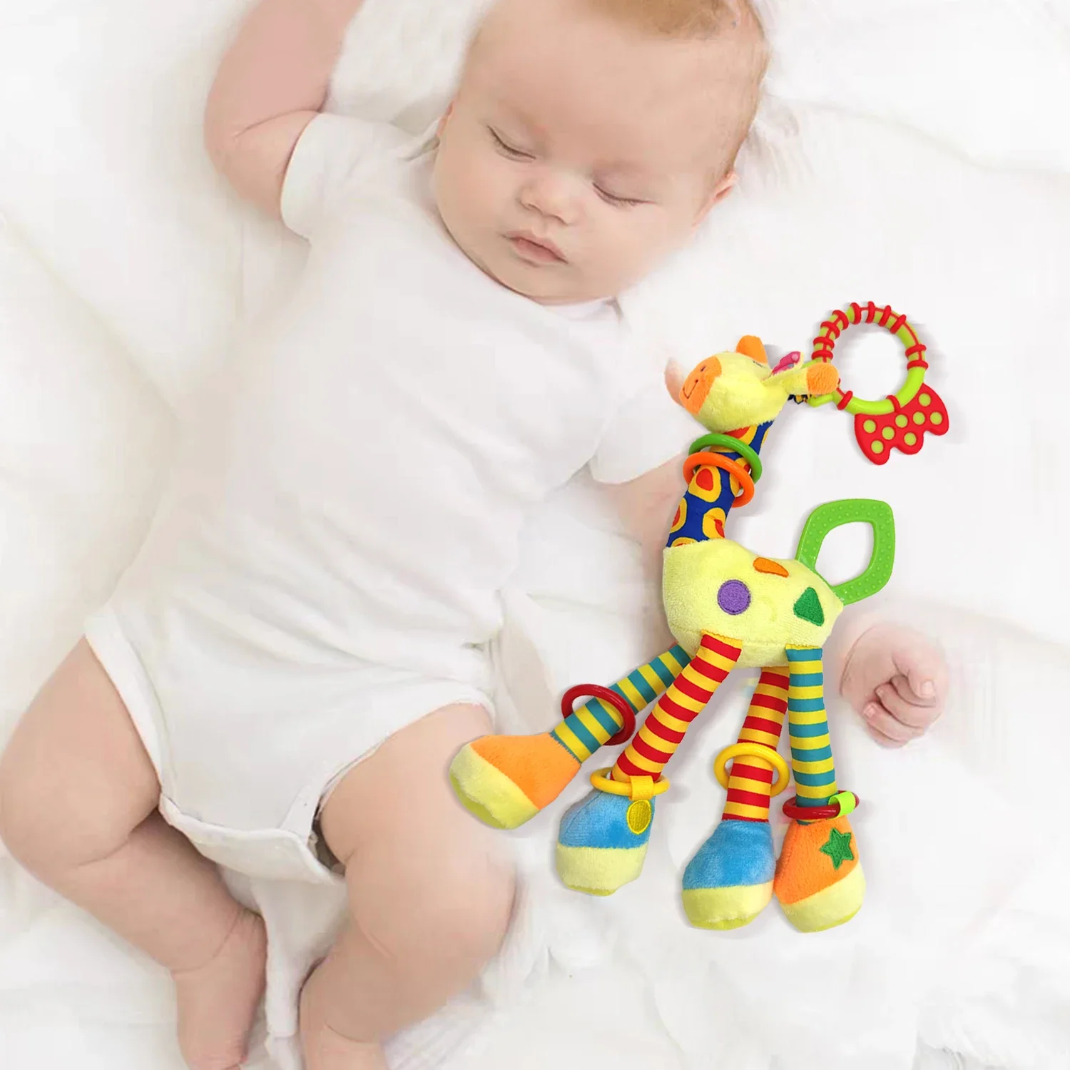 Suave jirafa animal campana de mano sonajero de felpa para bebé andador cama juguetes colgantes bebé educación temprana entrenamiento juguetes sensoriales