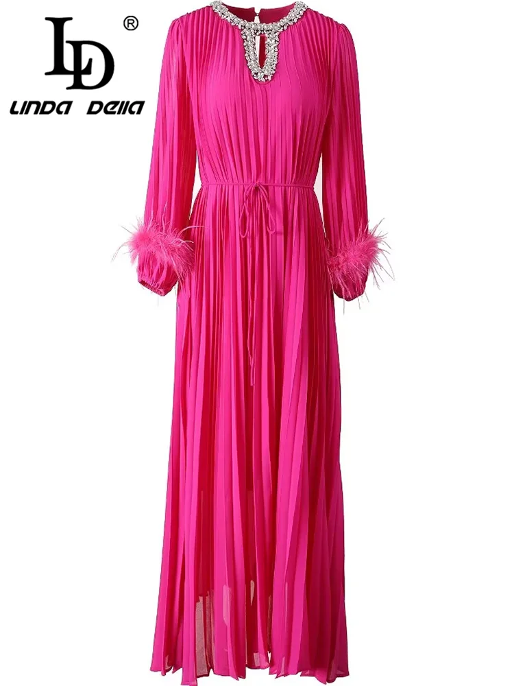 LD LINDA DELLA Women's Elegant Pleated Dress Round neck Beading Long-Sleeved Feathers design Lace-Up Luxury Evening Dresses