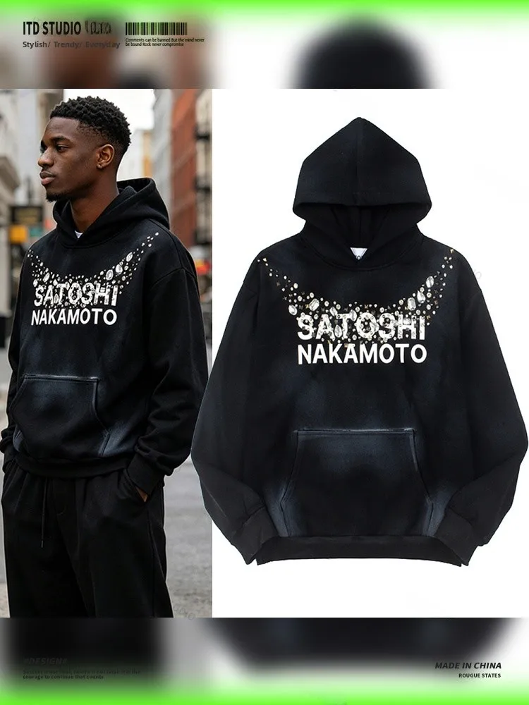 Street Style Vintage Spray Diamond Hoodie Sweatshirt Casual Loose Fit Long Sleeve Cotton Washed out Trendy Brand Necklace