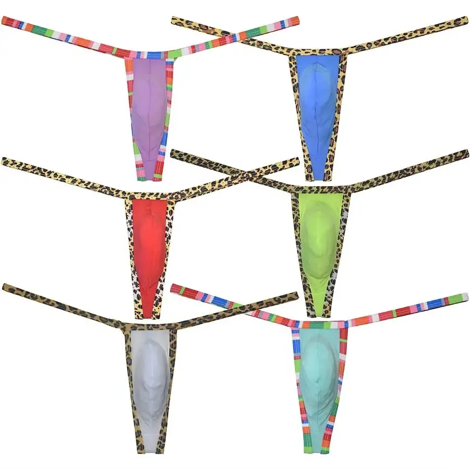 

2 шт., мужские микро-стринги, нижнее белье, выпуклая сумка, леопардовые мужские трусы-бикини с каймой, стринги, шелковистые трусики-сисси, пляжные