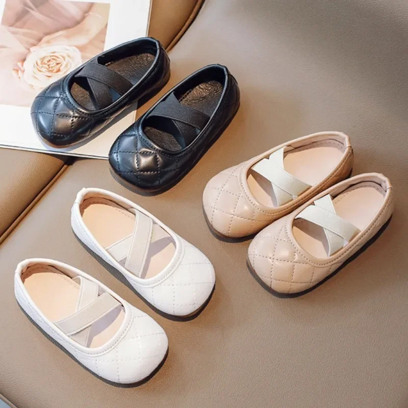 Girls Wedding Shoes Rhombic Grid Boat Shoes Square Toe Elastic Band Leather Shoes Children's Slip on Kids Flats Toddlers