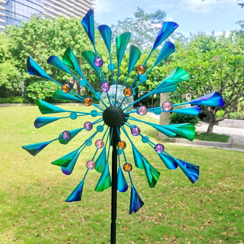 Gradient Teal Petal Metal Wind Spinner Stake Ornament Inlaid Round Bead Outdoor Lawn Garden Wind Driven Craft Decor