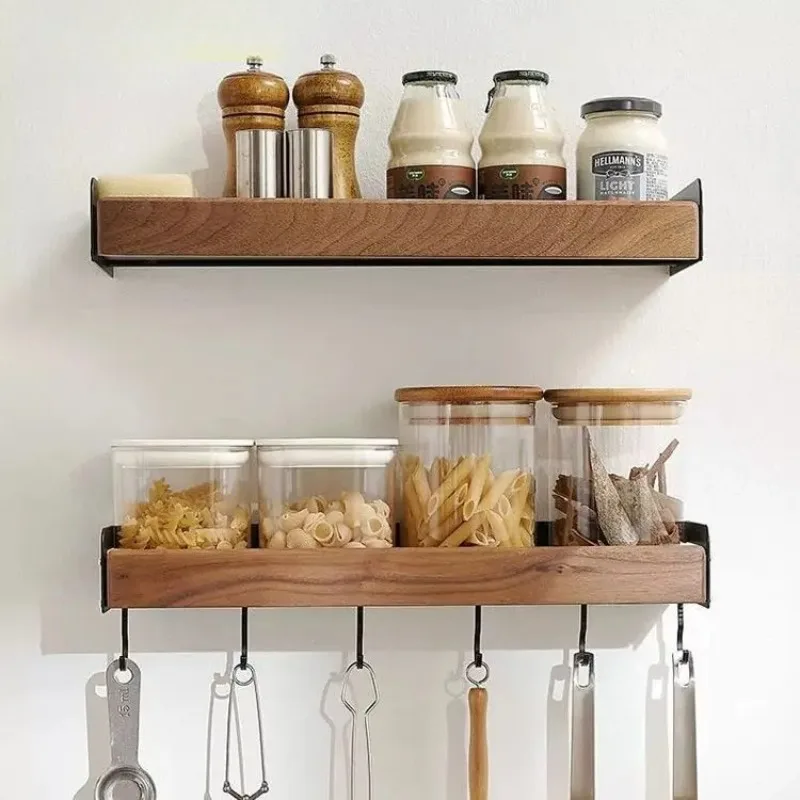 

‌Walnut Spice Rack Wall Mount - Detachable Drill-Free Organizer Shelf, Countertop Condiment Holder, Oil Salt Storage with Hooks