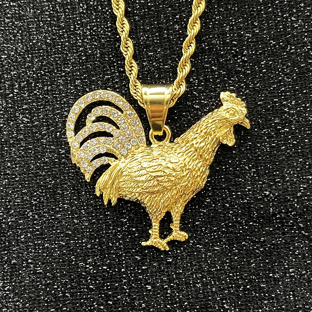 Trendy Women Gold Color Animal Rooster Chicken Stainless steel with rhinestone Pendant Necklace Jewelry