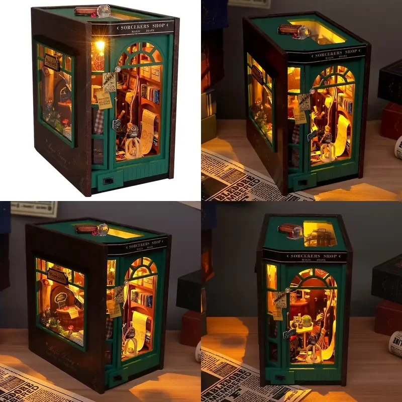 DIY Book Nook Insert Shelf Kits Wooden Miniature Model Kit for Sorcerer's Shop Casa Bookend Magic Diary Bookshelf Home Decor
