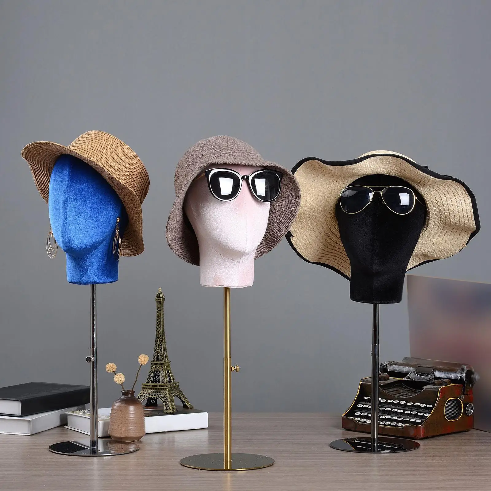 Multipurpose Mannequin Head Model Adjustable Height Velvet with Metal Base Stable Stand Rack for Hats Display Holder Salon Shop