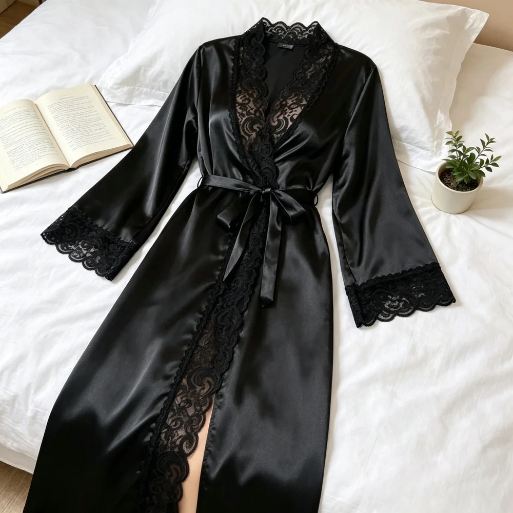 Long Satin Robe Women Cozy Warm Comfy Snug Lounging Relax 잠옷 Lace Trim V Neckline Flared Sleeve Wrap Belt Split Hem Pearl Belle