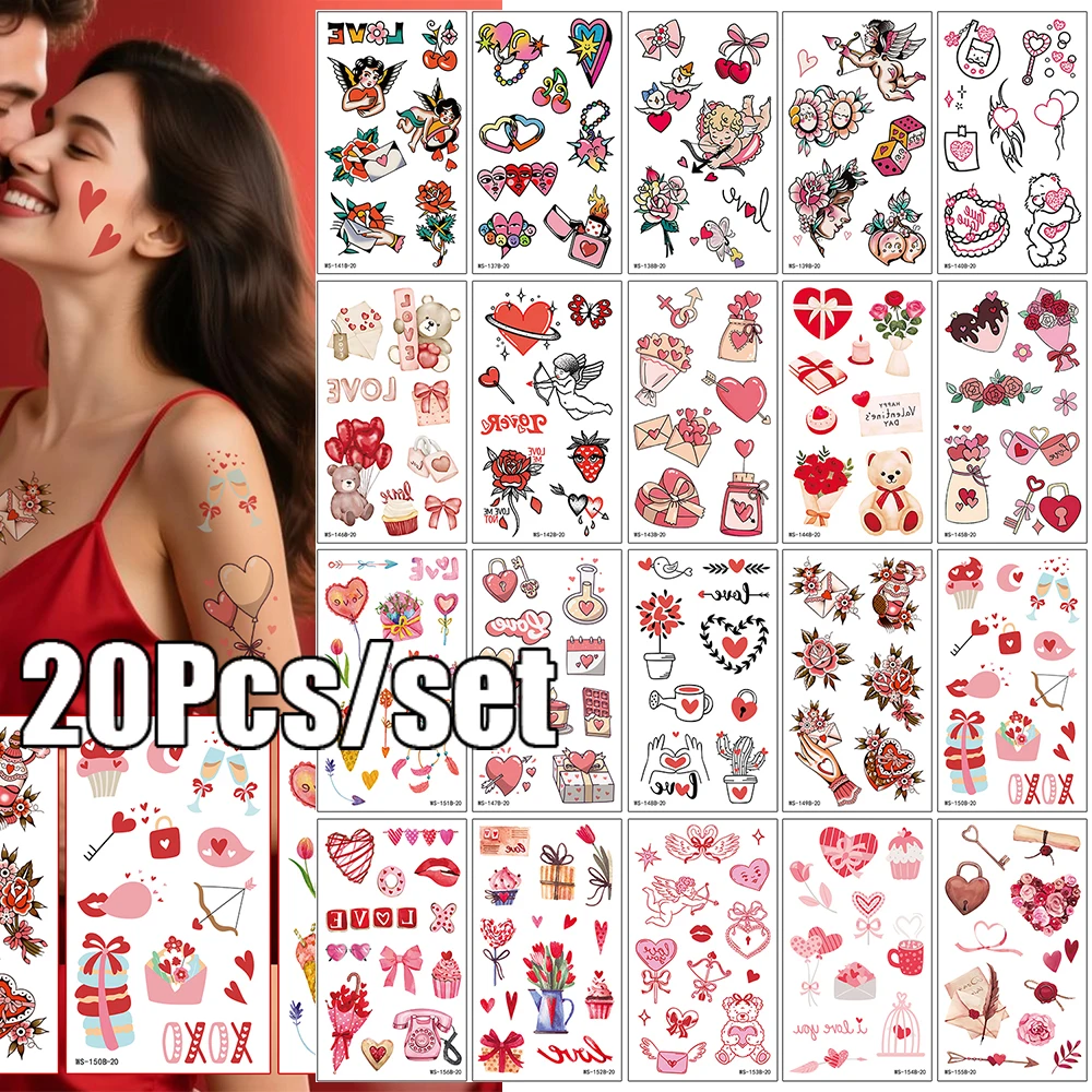 

20Pcs Waterproof Temporary Tattoos for Valentine's Day Body Face Makeup Heart Love Kiss Lips Rose Flower Fake Tattoo Decals#&*td