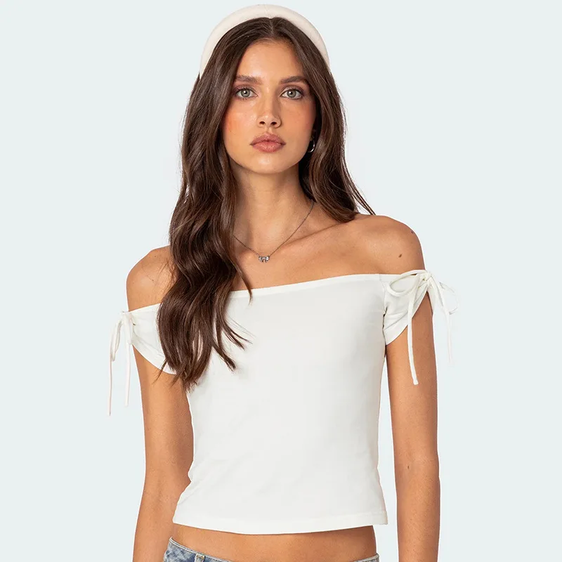 

New Fashion Women's Crop Tops Fitted Off Shoulder Short Sleeve Solid Color T-Shirt for Party Club