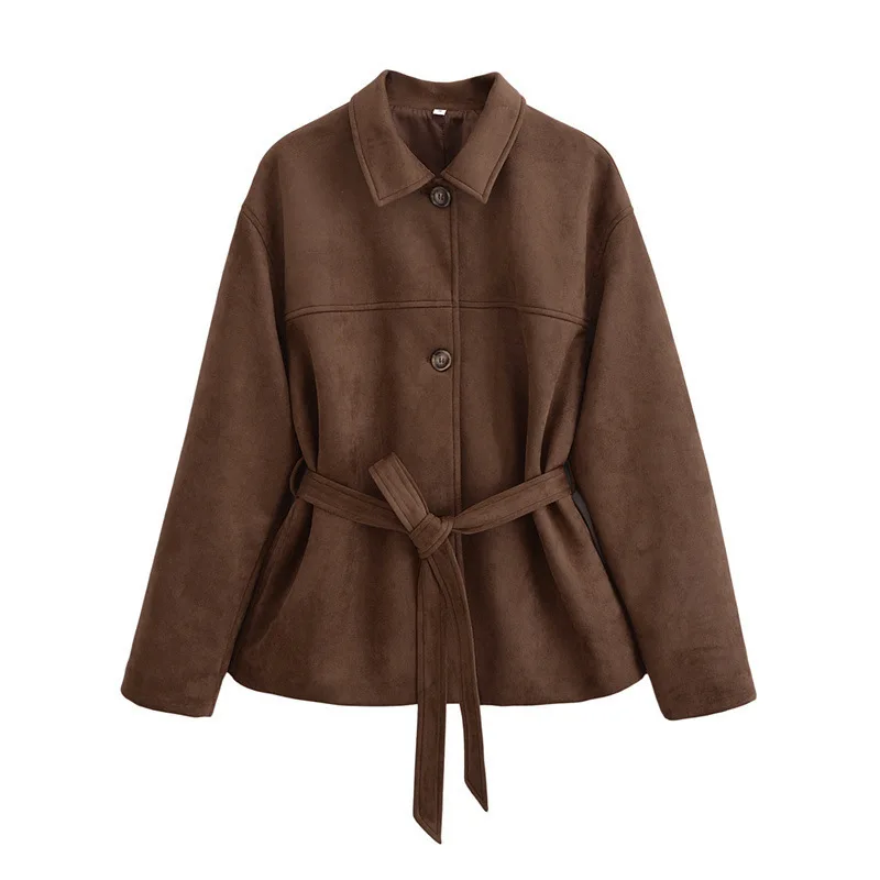 

Women's New Elegant Lapel Lace Up Waist Cinched Slimming Suede Faux Leather Cropped Jacket Commuter Versatile Daily Wear Jacket