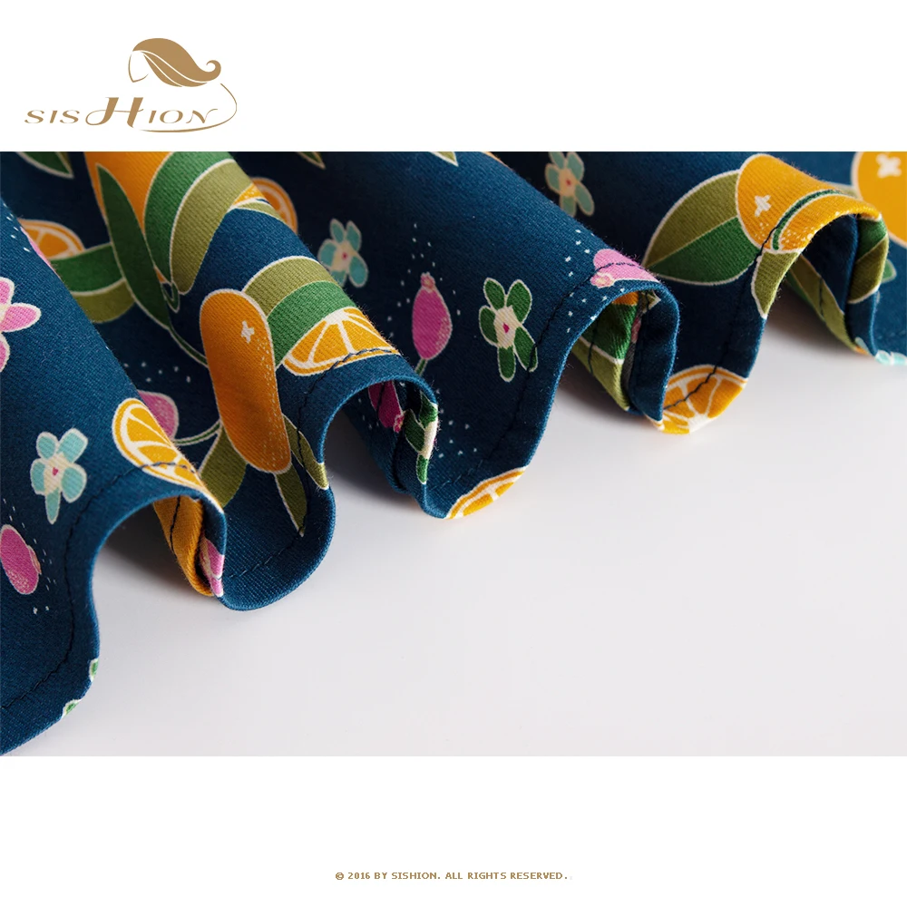 SISHION Blue Oranges Floral Printed Summer Skirts for Women VD0020 High Waist Swing Vintage Hepburn Umbrella Skirts Jupe Courte