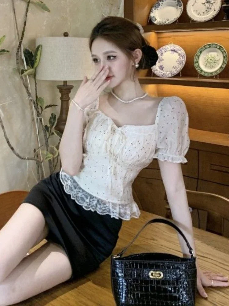 Fashion Sweet Shirts for Women Polka Dot Lace Patchwork Square Collar Puff Sleeve Blouses Summer Crop Tops 2024 Women\'s Clothing