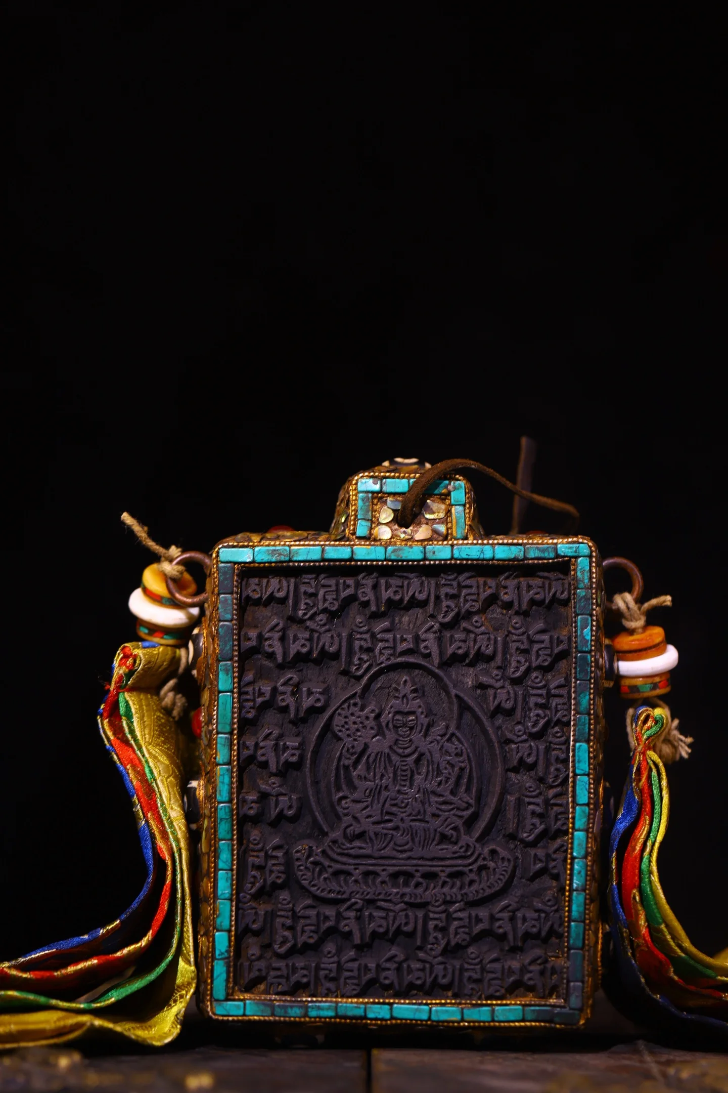 Nepalese folk Bodhi Root Wood Mosaic Gem gZi Beads Turquoise Vajra pattern prayer flag Buddha Version Worship Hall Town house
