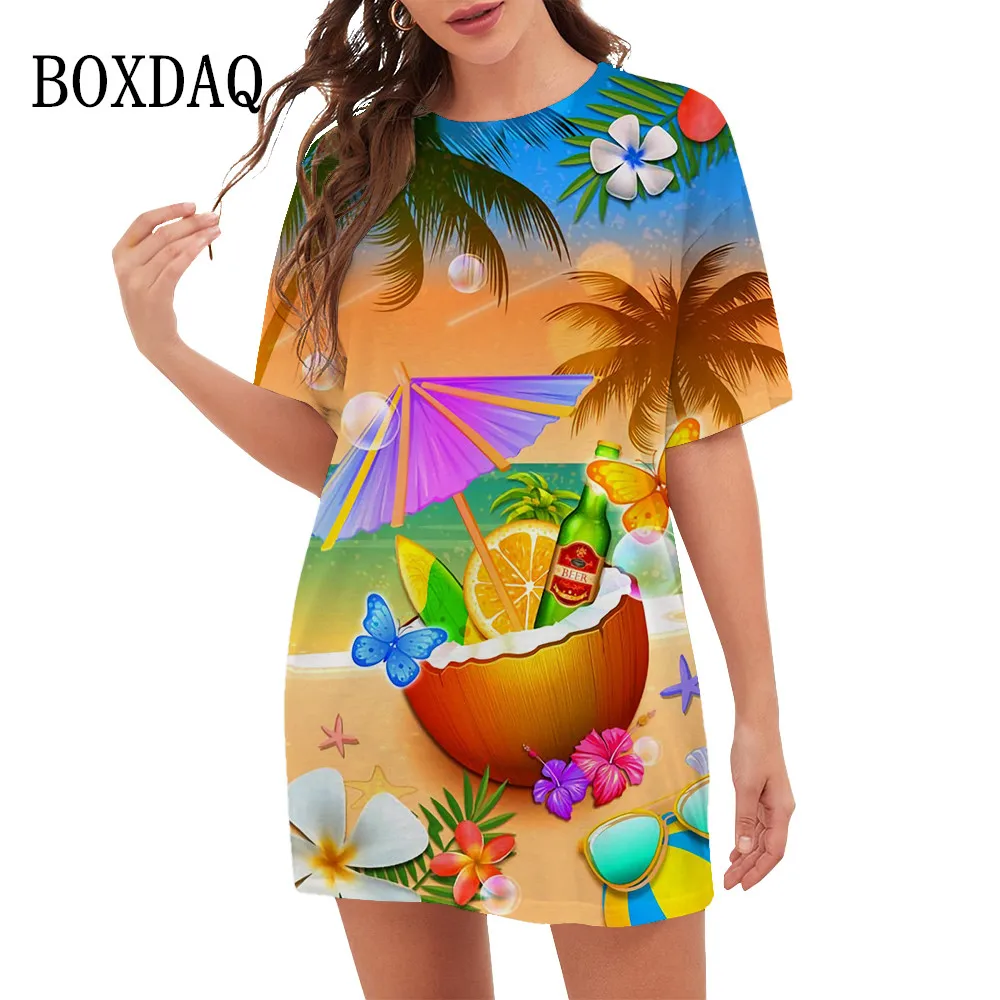 2023 New Spring Dresses Women Fruit Lemon 3D Print Dress Summer Landscape Beach Vacation Dress Oversized Short Sleeve Clothing