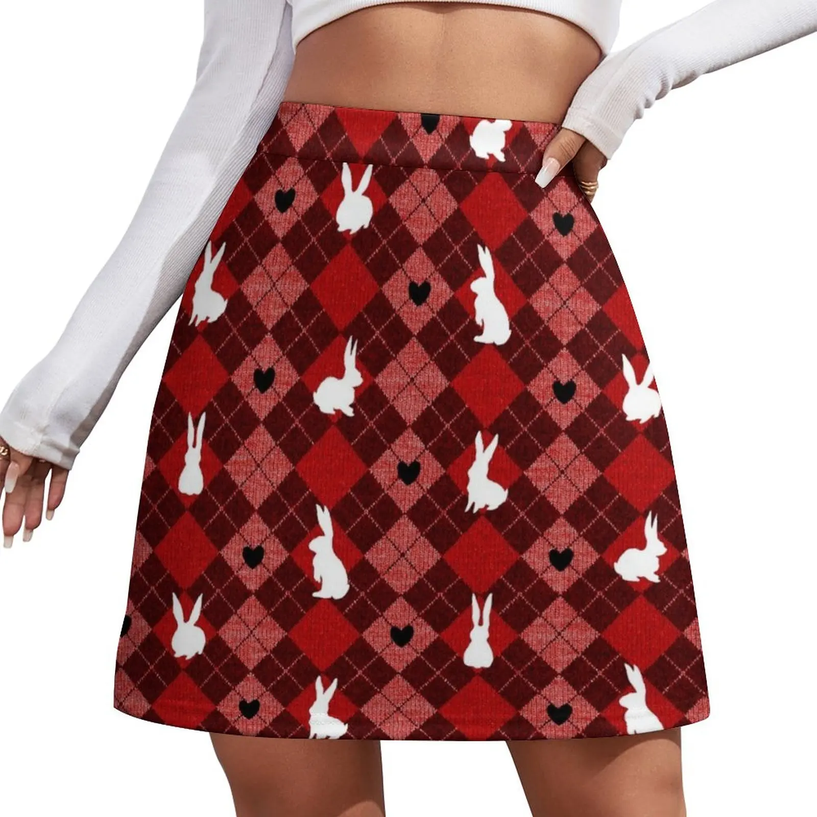 Red Argyle White Bunny Love Mini Skirt skirts summer 2025 woman women's skirts trend 2025