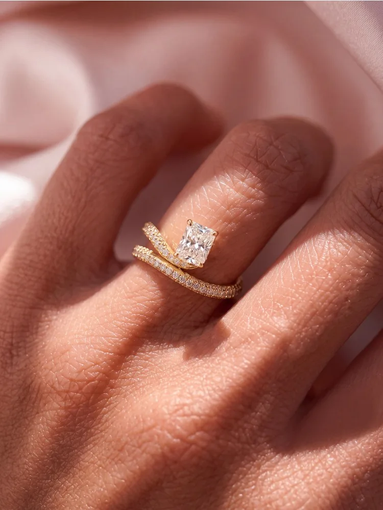 925 Sterling Silber Goldener Rechteckiger Zirkon-Ring für Damen, Jubiläum, Hochzeit, Alltag, Luxus, Hochwertiger Edel-Schmuck – Detail 2