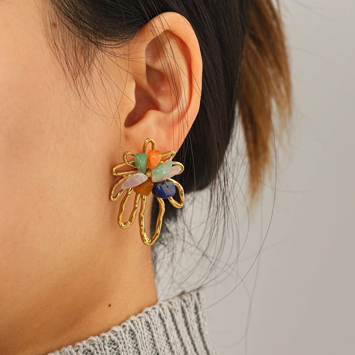 

Huang Chao Design Nature Stone Stainless Steel Geometric Stripe Stud Earrings For Women Daily Wear Jewelry Accessories Gifts