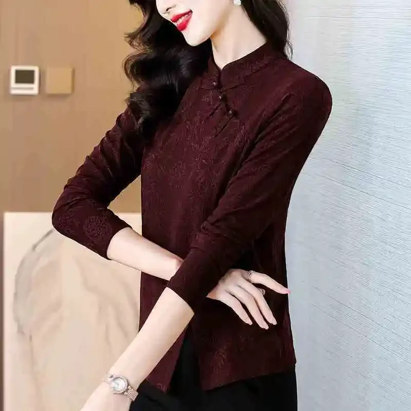 Button Female Fashionable Mother Outfit Encore Red Base Shirt Ethnic Style Retro