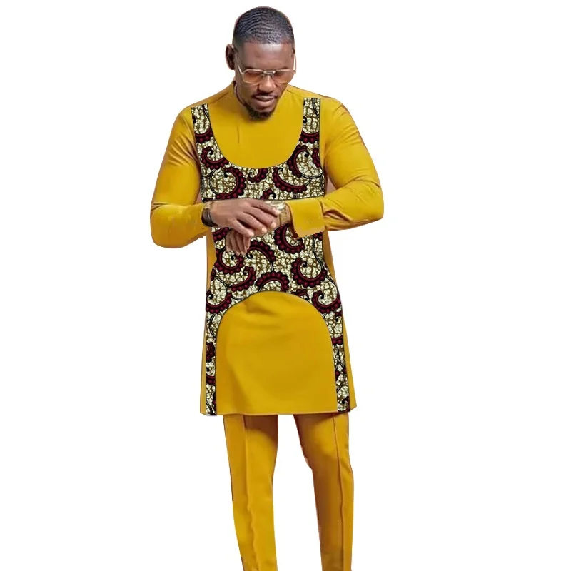 Patchwork Shirt With Solid Pant Yellow Men\'s Groom Suit Male Nigerian Fashion Custom Made African Party Outfits