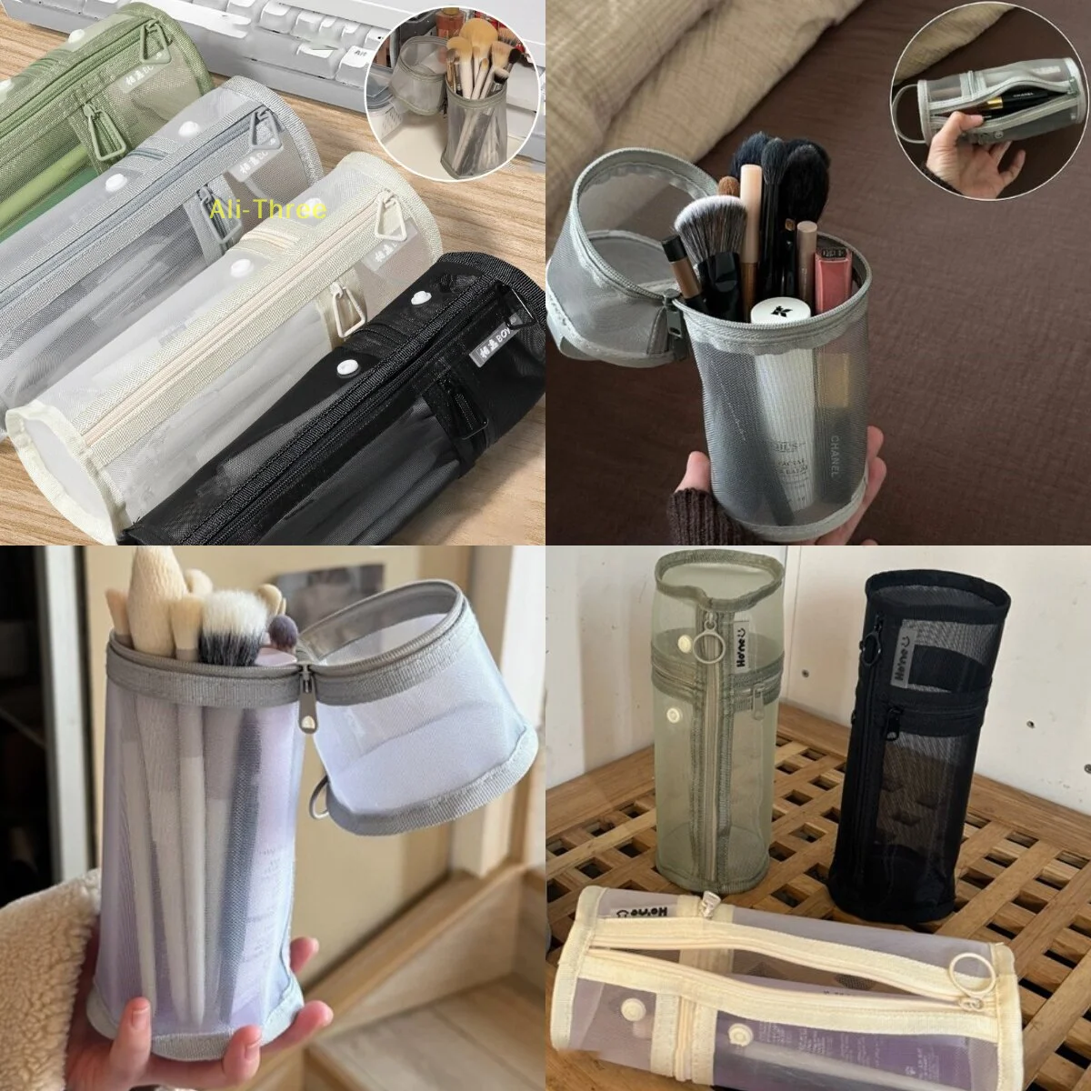Mesh Dual-use Makeup Brush Storage Bag Portable Brush Case Simple Large Capacity Brush Bucket Holder Travel Stand-up Pouch