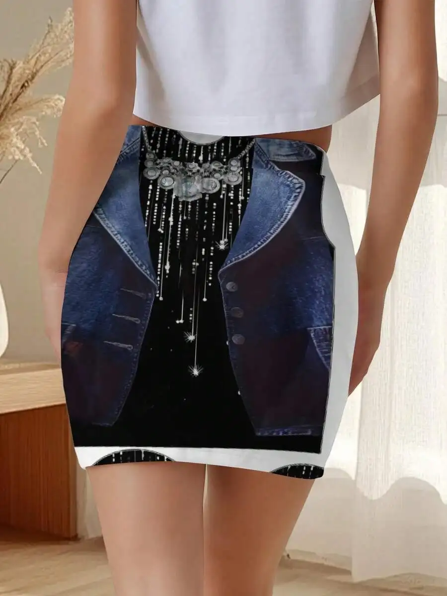 Women Cyberpunk Denim Illusion Bodycon Skirt Starlight Print Rhinestone Edgy Streetwear Mini Skirt