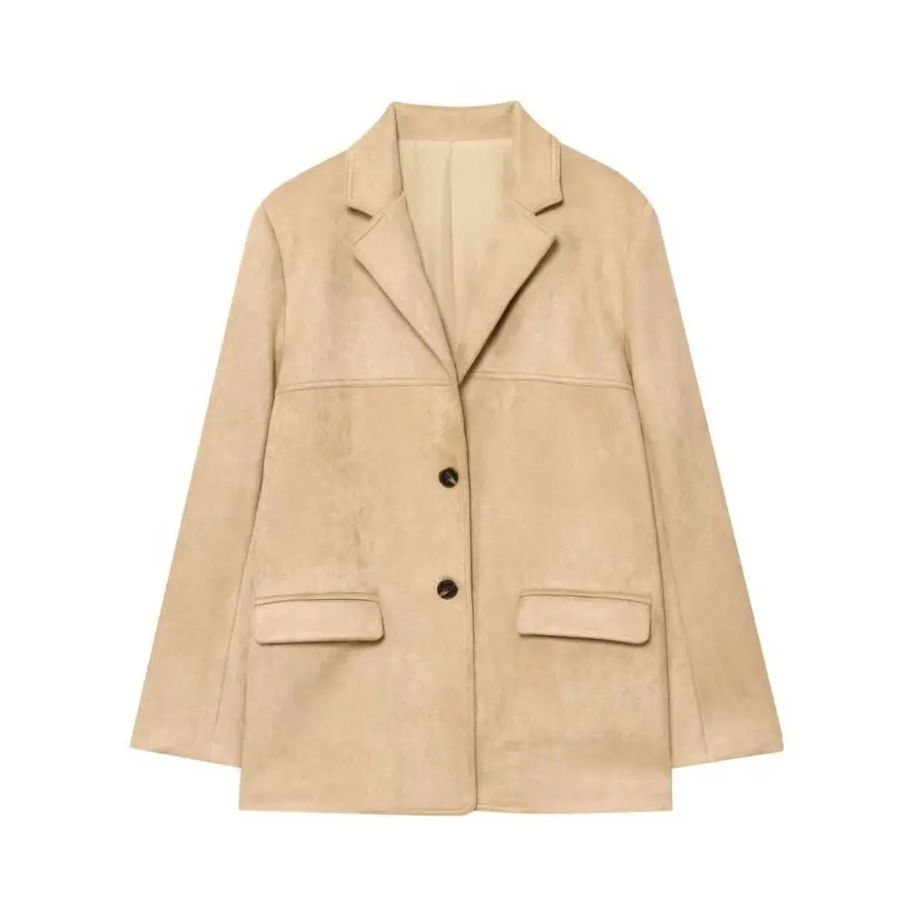 

Autumn Winter Vintage Merald Lapel Loose Casual Versatile Outerwear Faux Suede Fabric Fashionable Women's Top Wear