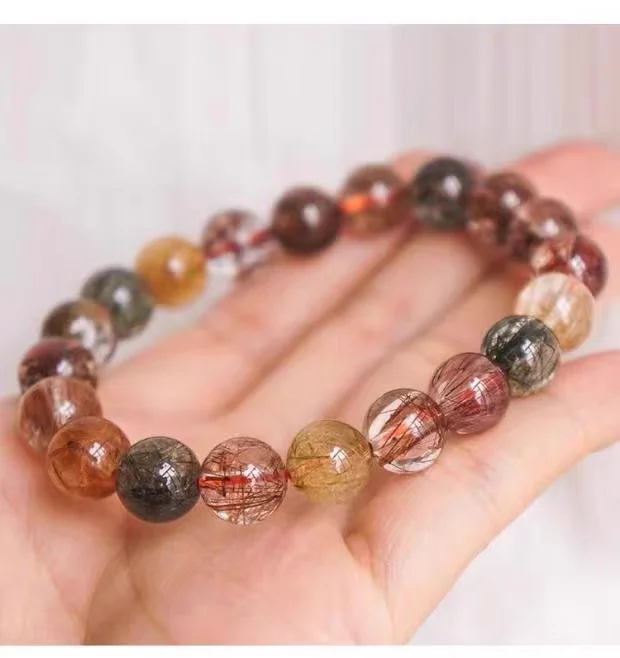 

Natural Colorful Rutilated Quartz Round Beads Bracelet Copper Green Rutilated Bracelet 9mm 10mm 11mm 12mm 13mm 14mm AAAAAA