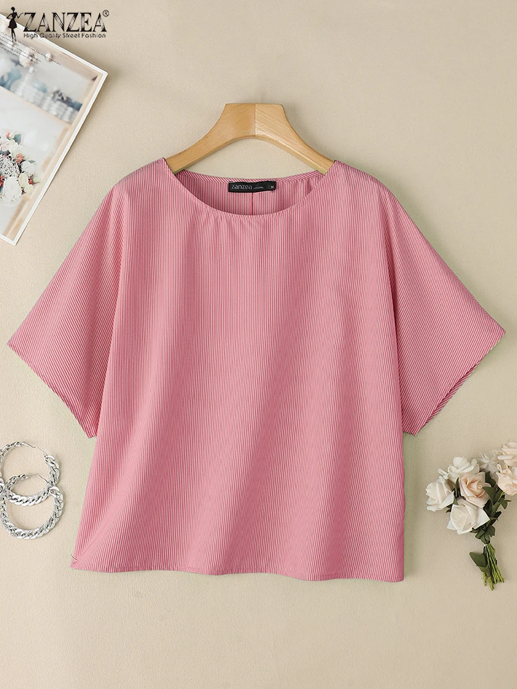 

2025 Summer Striped Blouses ZANZEA Women Elegant Work Shirt Fashion O Neck Half Sleeve Tunic Tops Casual Loose Blusas Oversize