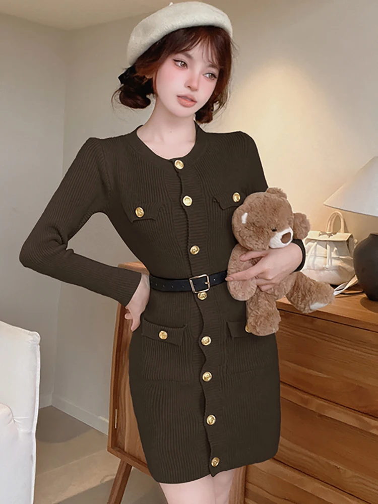 Outono inverno preto de malha único breasted mini vestido feminino elegante casual bandage vestido 2025 moda coreana chique vestidos de festa