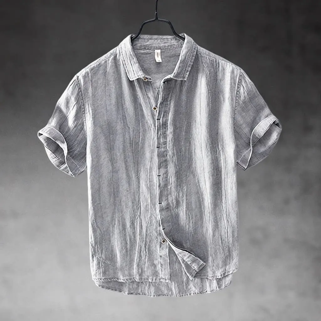 Retro Pleated Short Sleeve Men's Shirt Casual Loose Fit Breathable Summer Fashion Polyester Fiber Cool Sensation Regular Length