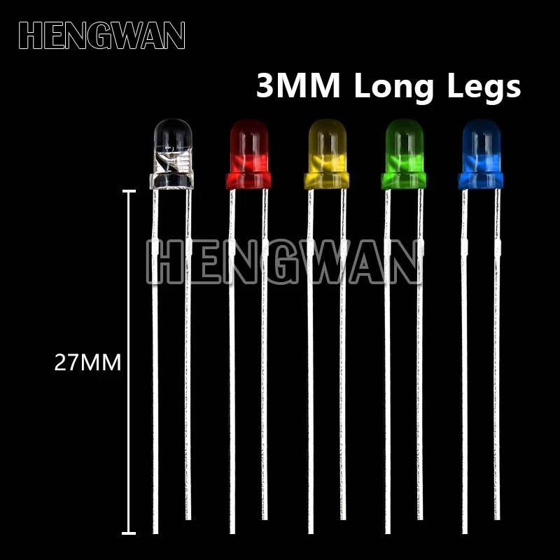 50pcs Long Leg 3MM 5MM LED White Green Red Blue Yellow Orange F5 28mm F3 27mm Length Light Emitting Diode