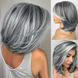 Silver Wig Grey Ombre Women's Wig with Curtain Bangs Synthetic Highlights Grey Bob Short Hair Silver Multi Layered Wig with Bang