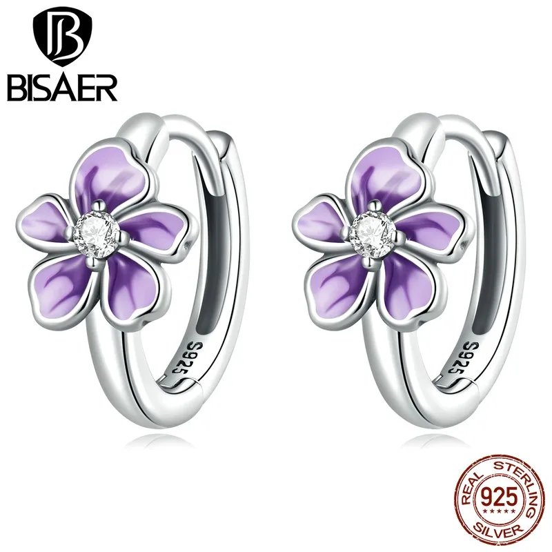 BISAER 925 Sterling Silver Ear Buckles Purple Flower for Women Delicate Earrings Fine Jewelry Anniversary Party Gift ECE1435