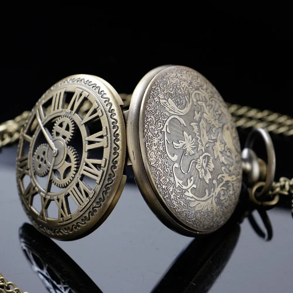 العتيقة Steampunk والعتاد الجوف خمر الأرقام الرومانية ساعة جيب كوارتز البرونزية حالة قلادة قلادة ساعة سلسلة الرجال النساء
